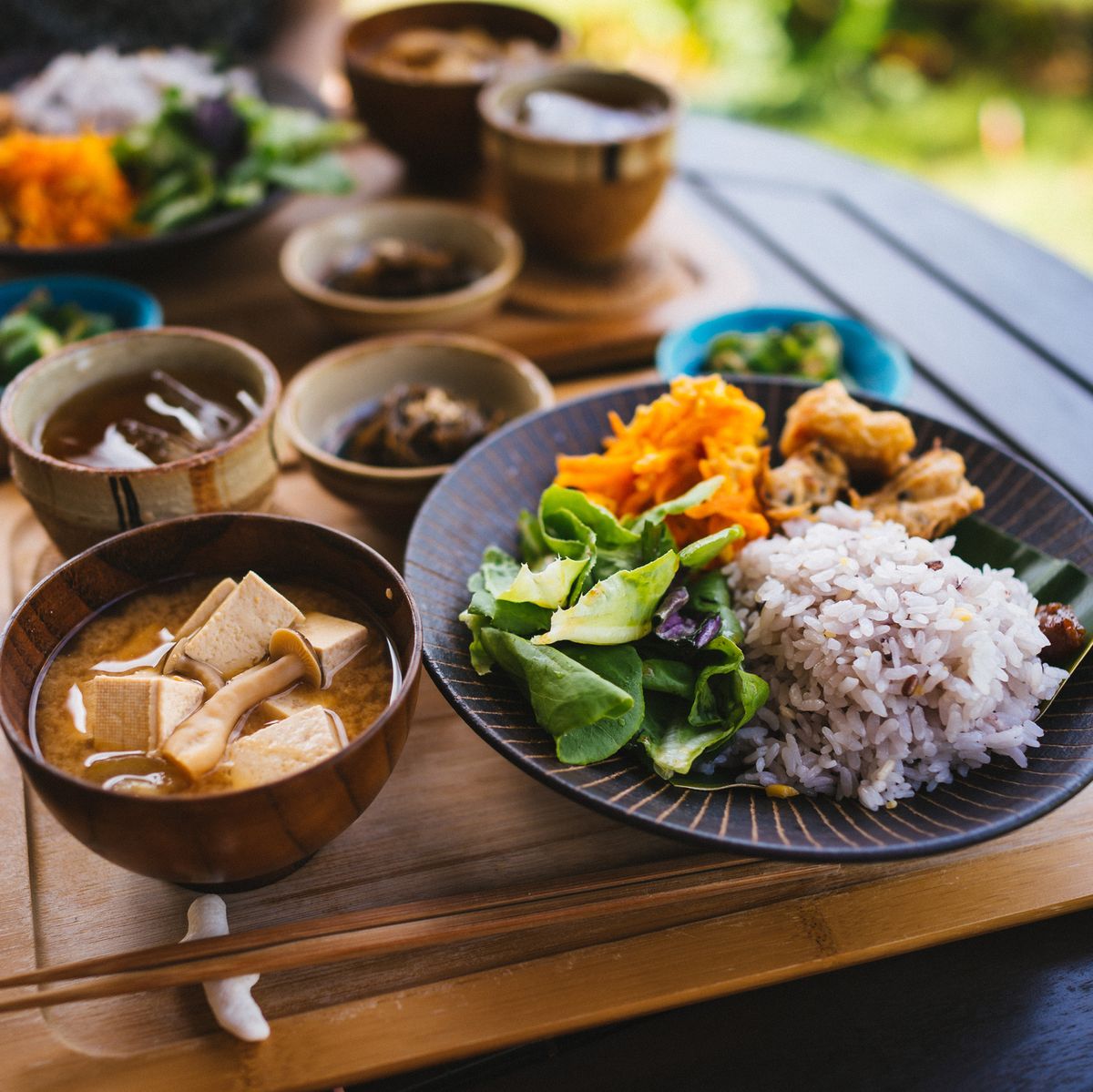 A typical breakfast in Okinawa, with lots of whole grains and greens